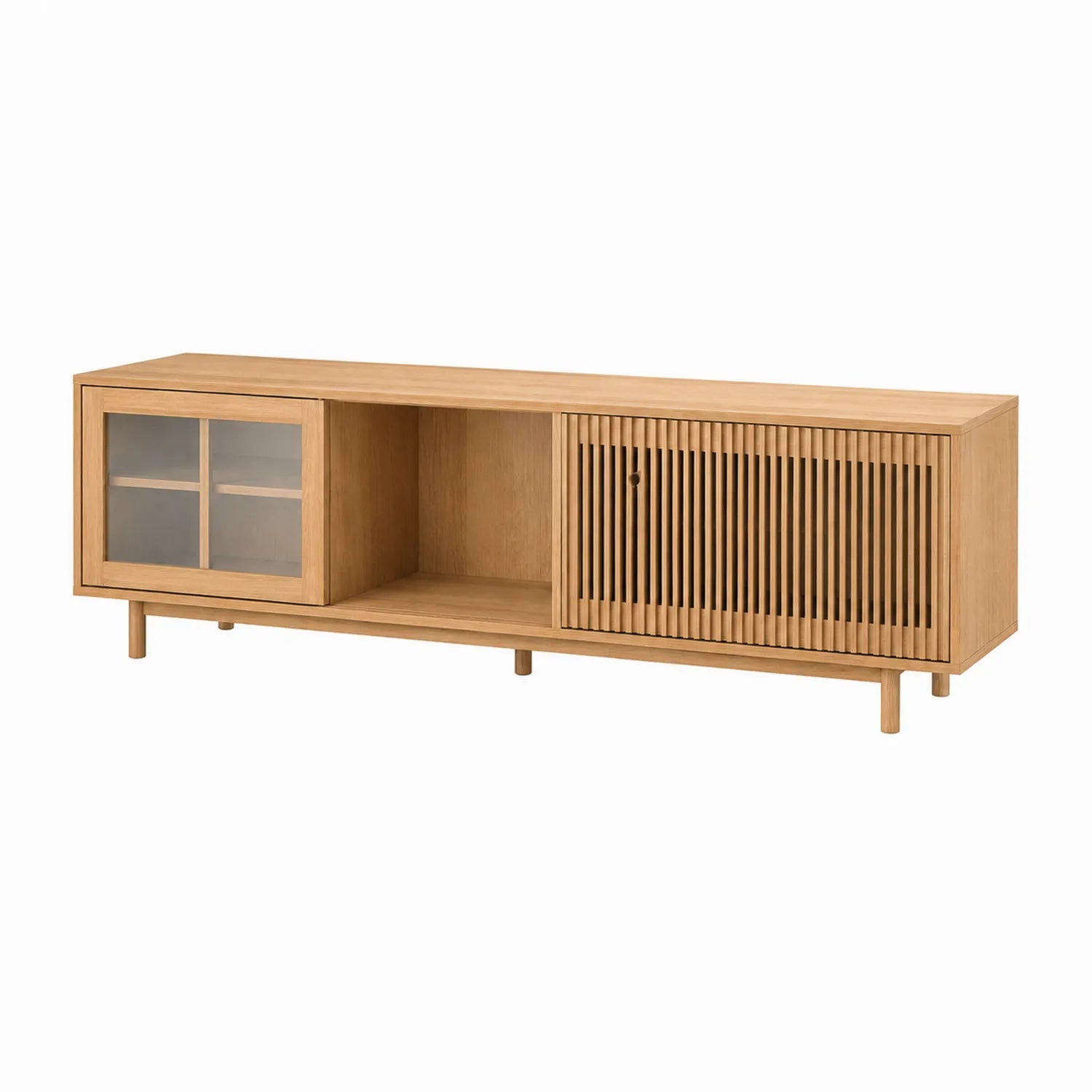 Gabinete de TV de madera de roble con puertas correderas de vidrio y listones 180x40x50 cm