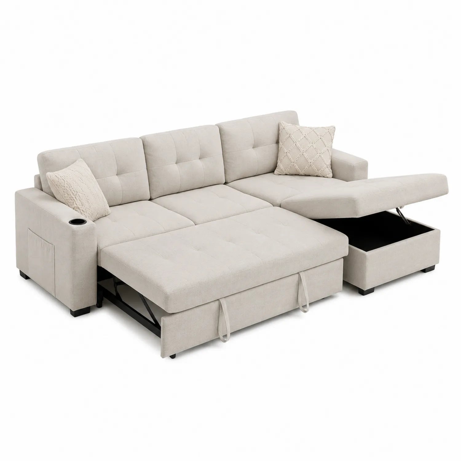 Sofá cama chaise longue de tela beige con almacenamiento