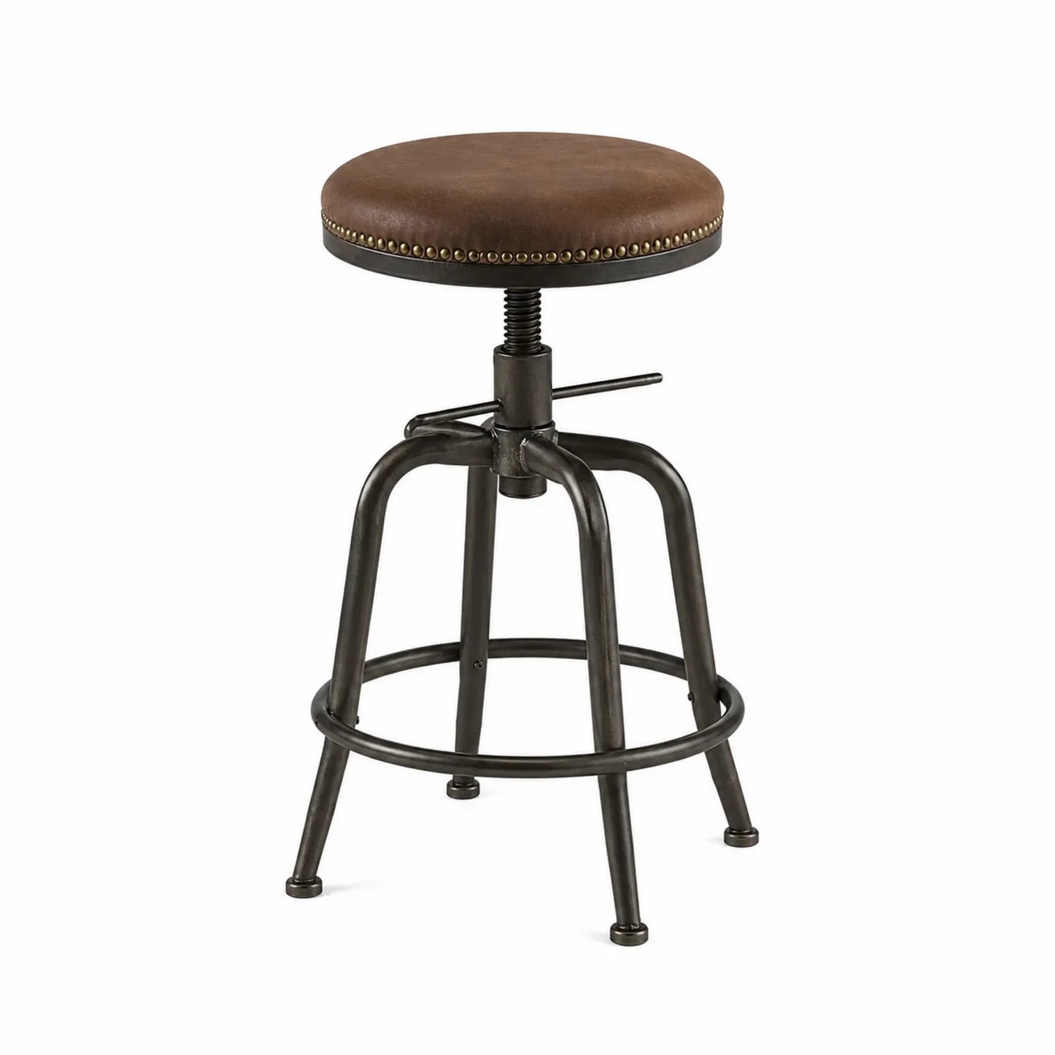 Taburete de Metal y Cuero Sintético Marrón Ajustable