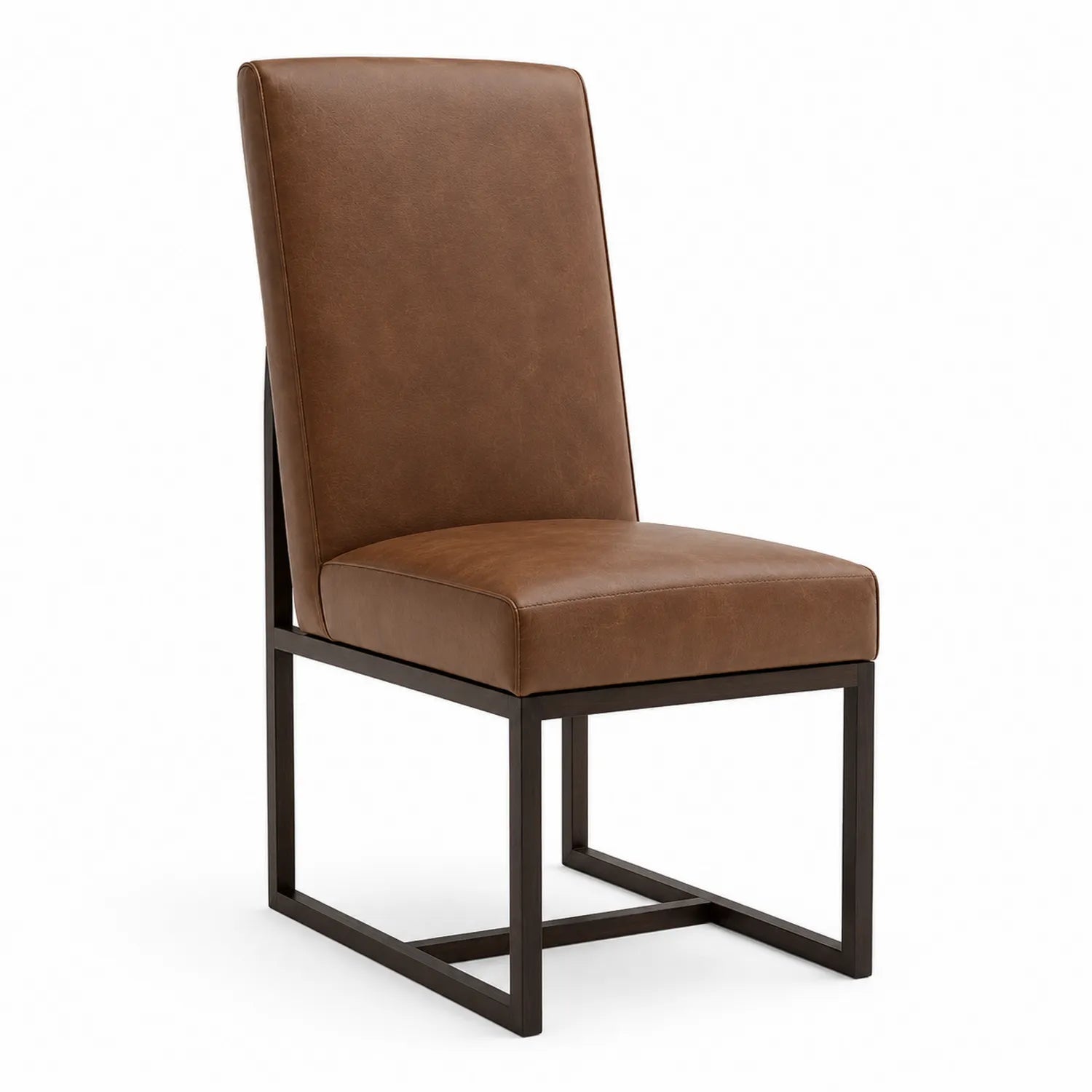Silla de metal con tapizado de cuero sintético color Marrón