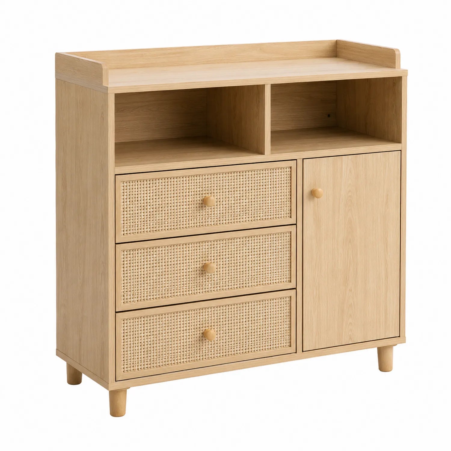 Cajonera de Madera con Frentes de Ratán 3 Cajones 1 Puerta 90x40x100cm