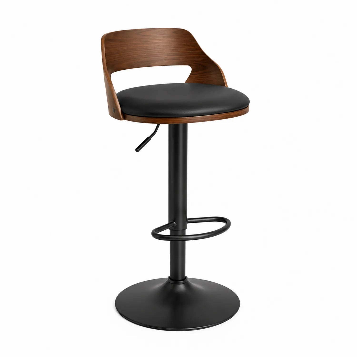Taburete de bar con respaldo de madera y asiento negro ajustable