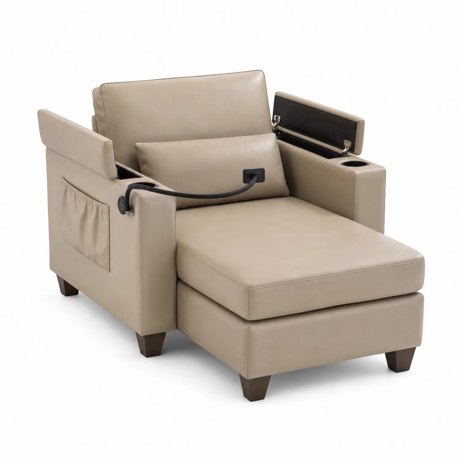 Chaise longue de cuero sintético beige con almacenamiento y portavasos