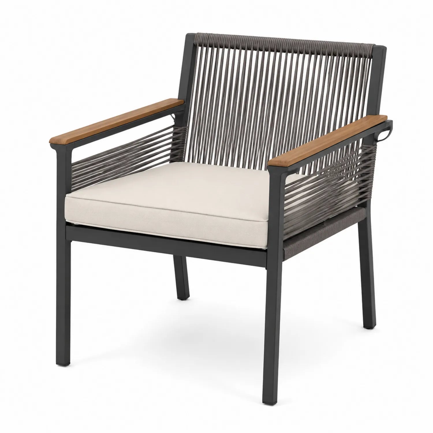 Silla de exterior de aluminio con reposabrazos de teca y cuerda gris
