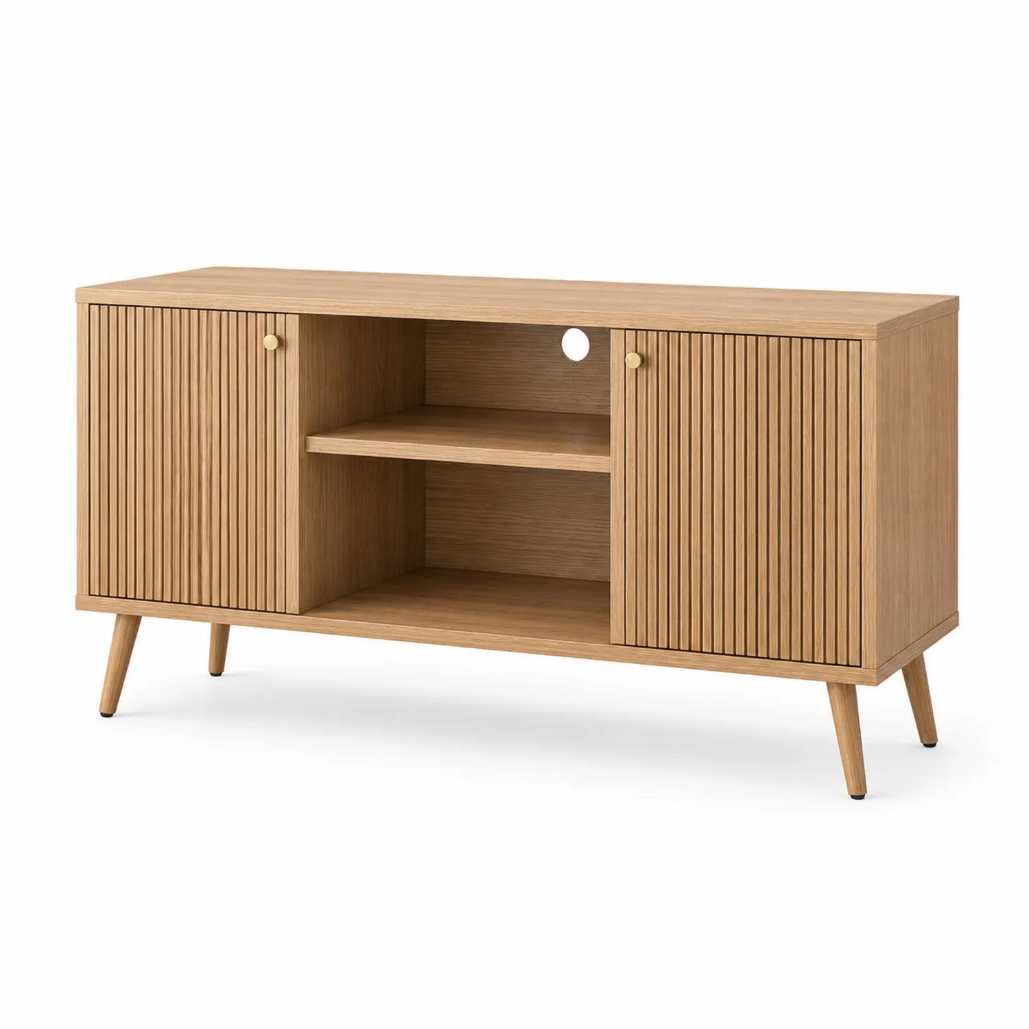 Mueble de TV de madera de roble con puertas ranuradas