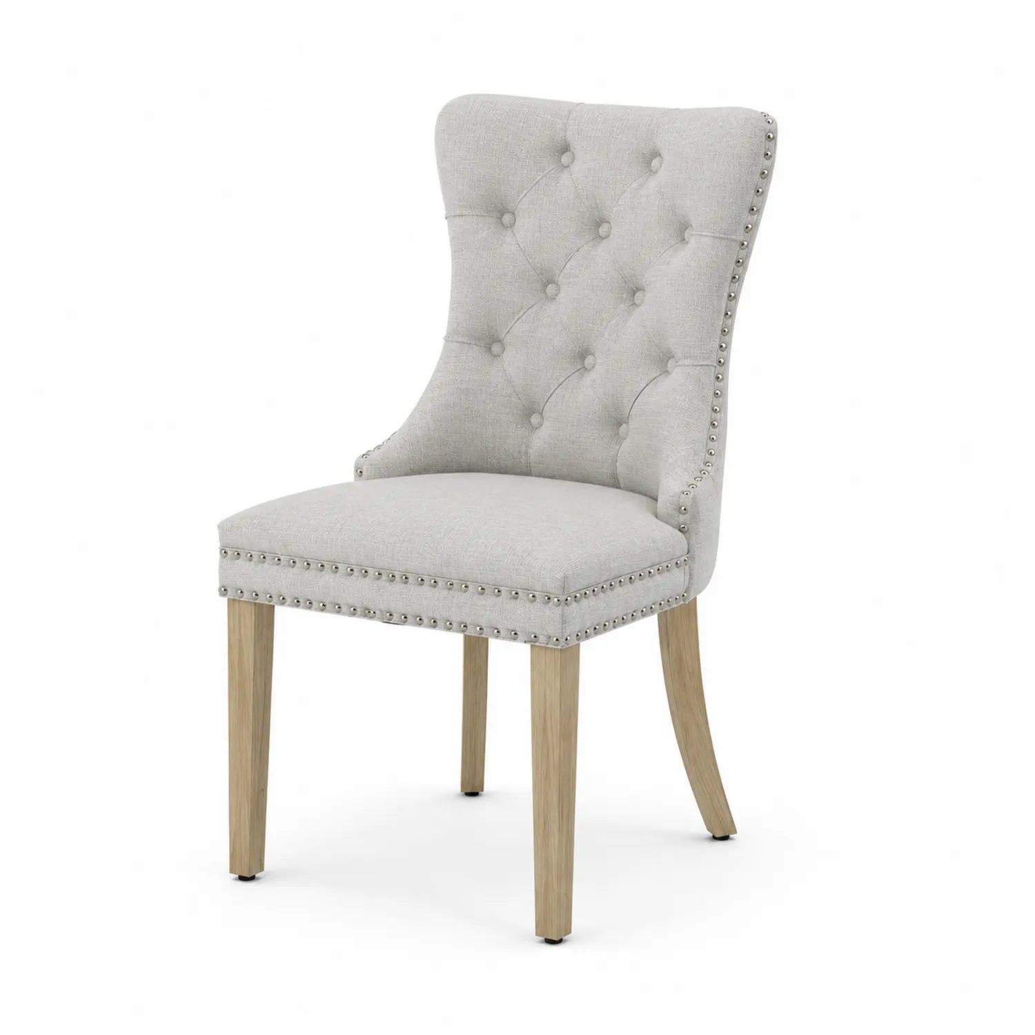 Silla gris claro tapizada con patas de madera de caucho