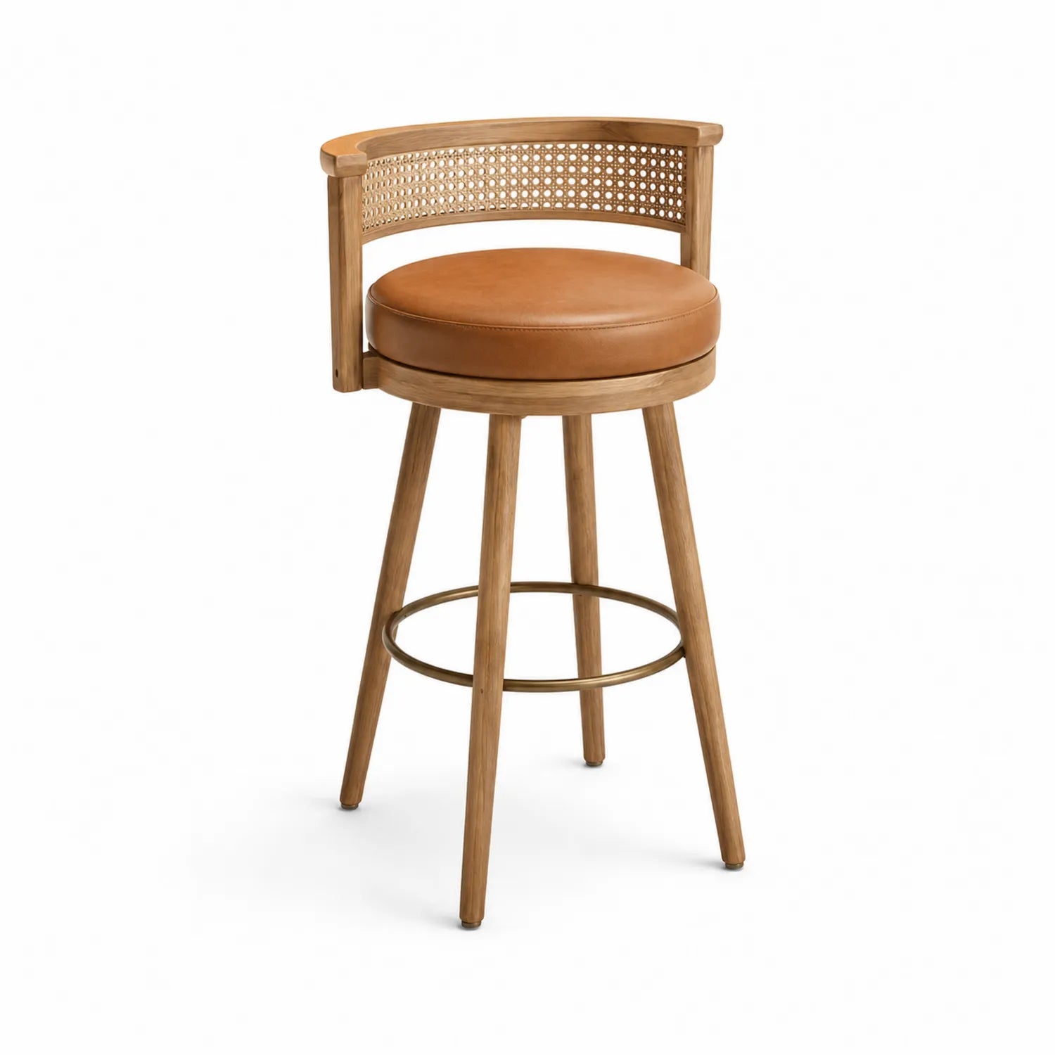 Taburete de madera con respaldo de ratán y asiento de cuero
