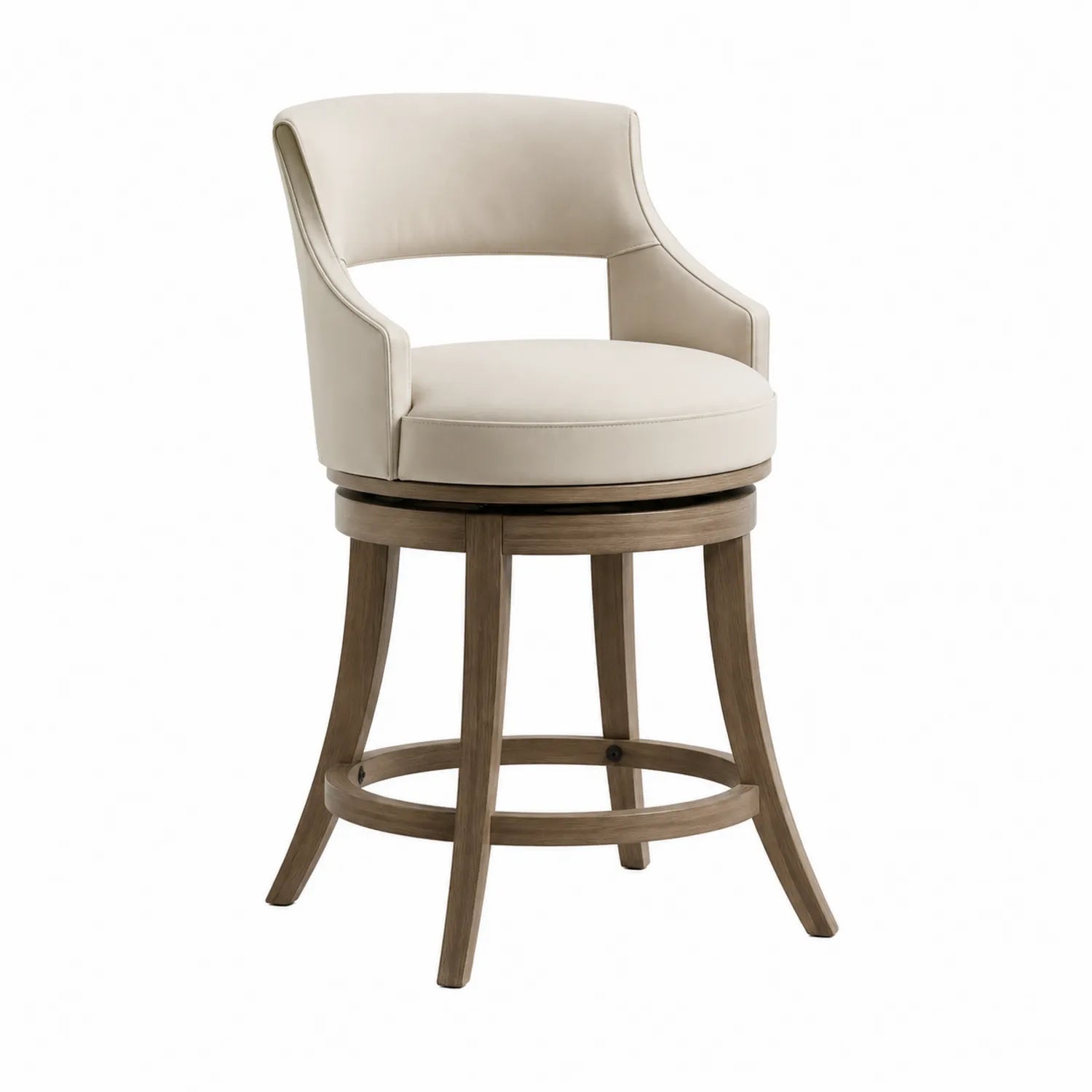 Taburete de madera y cuero sintético beige con respaldo, altura 95 cm