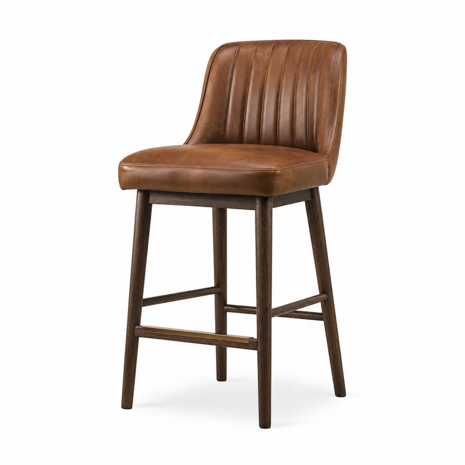 Taburete de madera y cuero sintético marrón