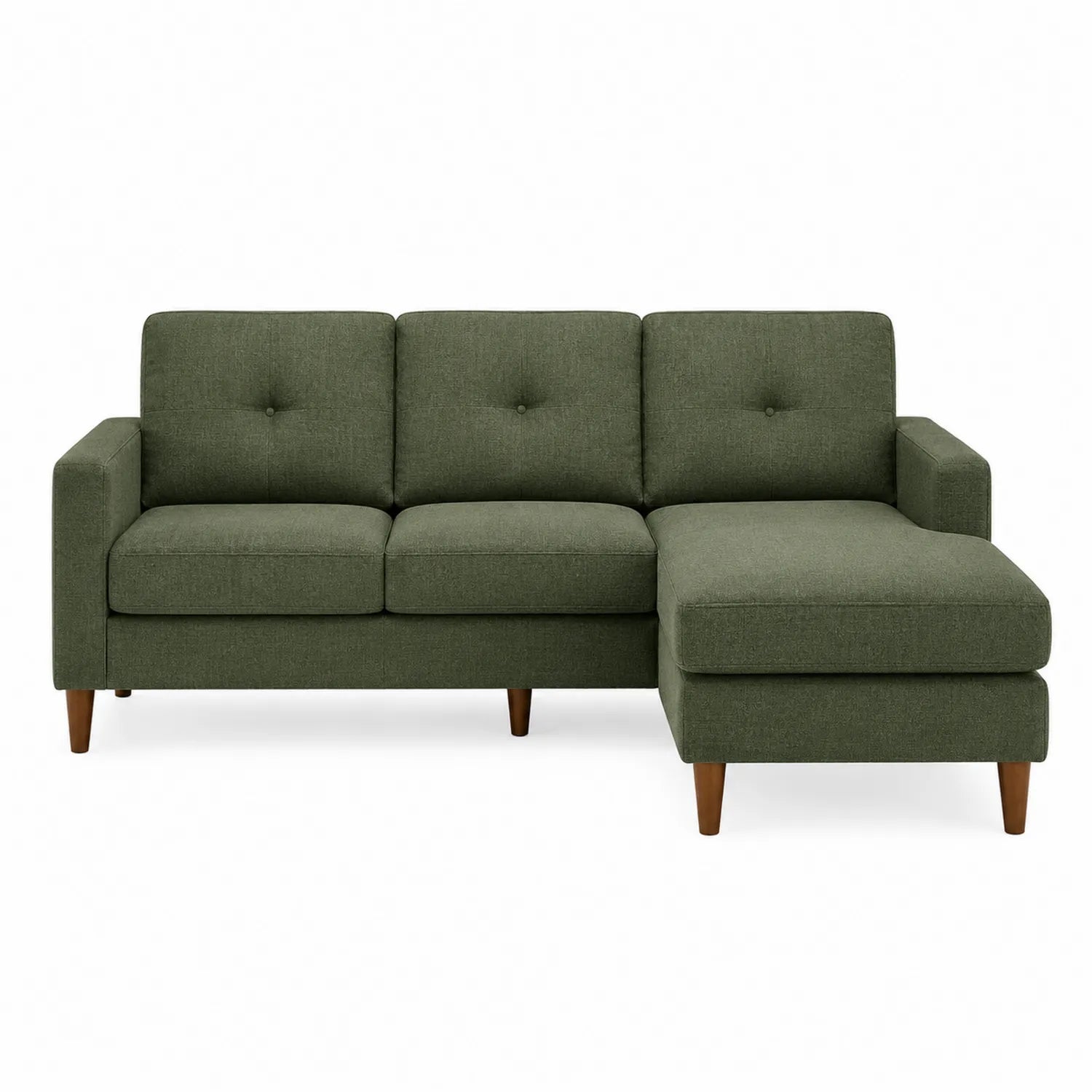 Sofá seccional de lino en forma de L verde con patas de madera