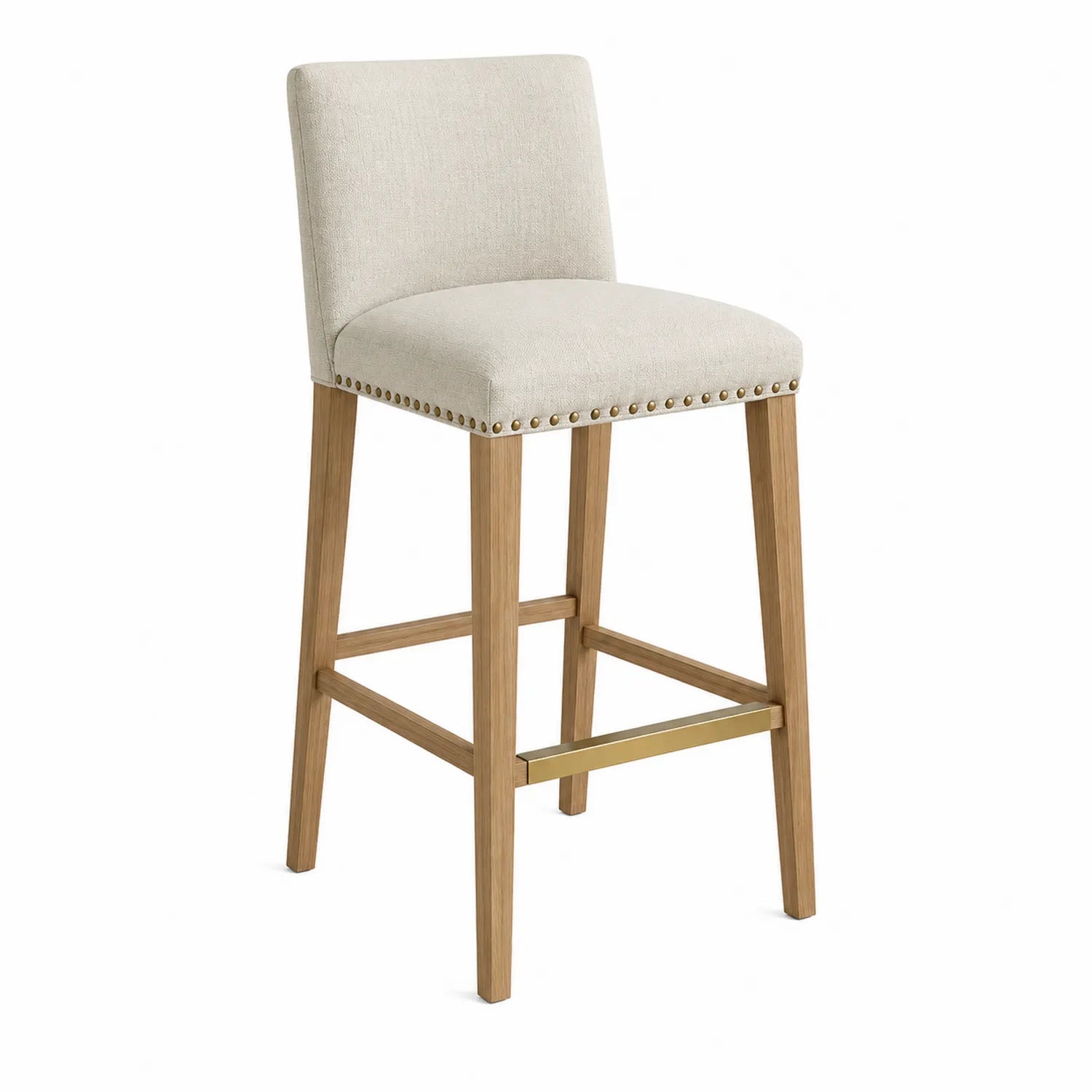 Taburete de bar de lino beige con estructura de madera y detalles dorados