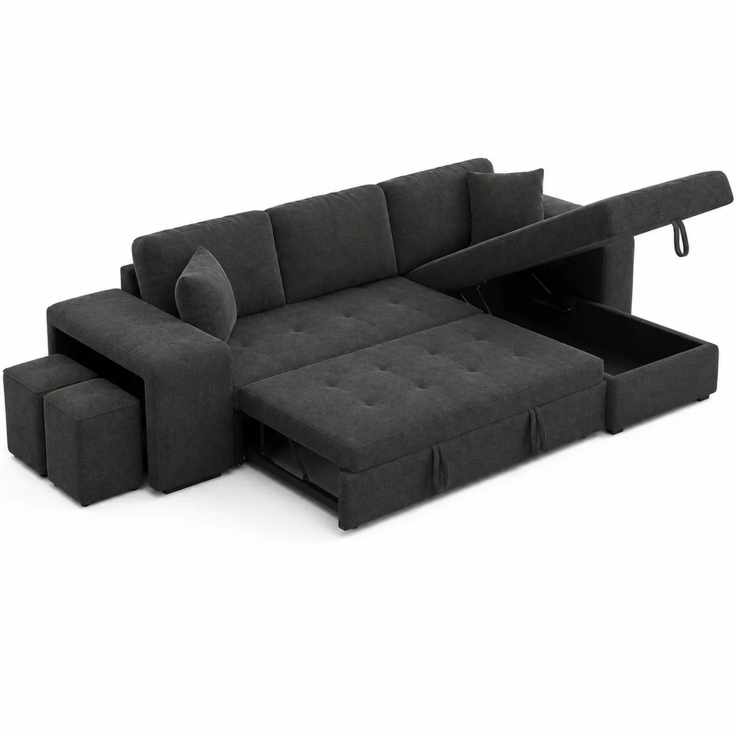 Sofá Cama Esquinero de Tela de Poliéster Gris Oscuro con Almacenamiento